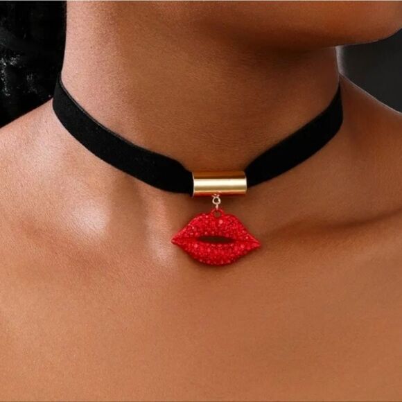 Hot Lips Red Rhinestone Black Velvet Choker Necklace Valentine's Baddie Jewelry - Picture 3 of 7